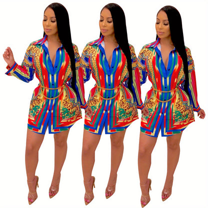 Ladies' Casual Shirt Dress with Colorful Striped Long Sleeved Shirt Dress