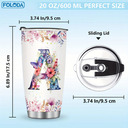 Foloda 1pc Personalized Flower Initials Tumbler Christmas Gift 20oz Mug with Letter Flower Butterfly, Travel Cup for Wedding Birthday Graduation Party, Birthday Valentine's Day Mother's Day Gifts Stainless Steel Mug with Lid