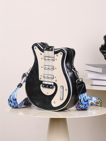 Women's & Unisex Y2K Retro Music-Themed Bass Guitar-Shaped Crossbody Bag with Detachable Strap, Golden-Tone Hardware & Zipper Closure - Band Style Handbag for Musicians & Music Lovers (Red/Black) - 2024 New Design with Chain