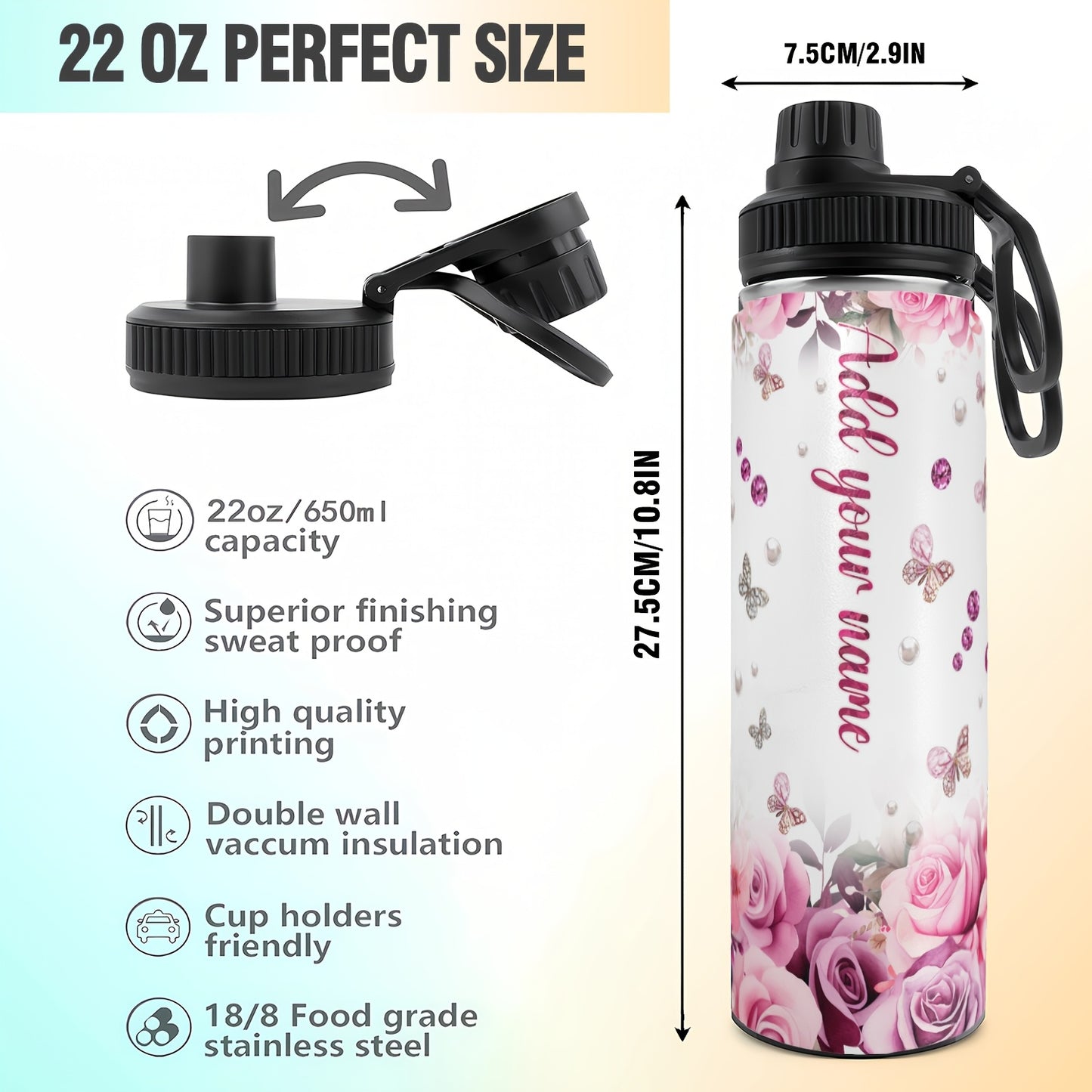 1pc Customized Name Stainless Steel Tumbler | 20oz/22oz/40oz Insulated Water with Lid, Reusable, Round Shape, 304 Stainless Steel, Ideal for Easter, Thanksgiving, Father'S Day, Mother'S Day, Graduation, White Diamond Butterfl