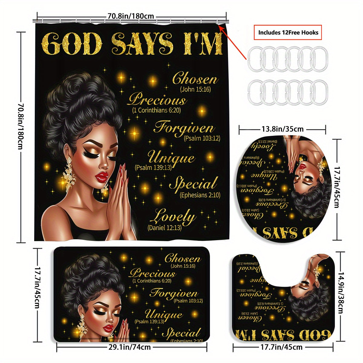 4pcs God Says I Am Bathroom Shower Curtain Sets, Praying African American Woman Shower Curtain Sets With Rugs, Inspirational Quotes Shower Curtain Set, With 12 Hooks, Bath Mat, U-shaped Bath Mat And Toilet Seat Cover, Decorat