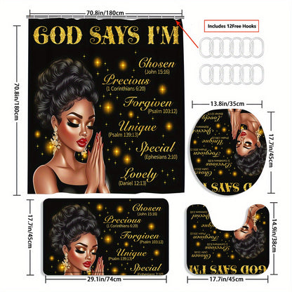 4pcs God Says I Am Bathroom Shower Curtain Sets, Praying African American Woman Shower Curtain Sets With Rugs, Inspirational Quotes Shower Curtain Set, With 12 Hooks, Bath Mat, U-shaped Bath Mat And Toilet Seat Cover, Decorat