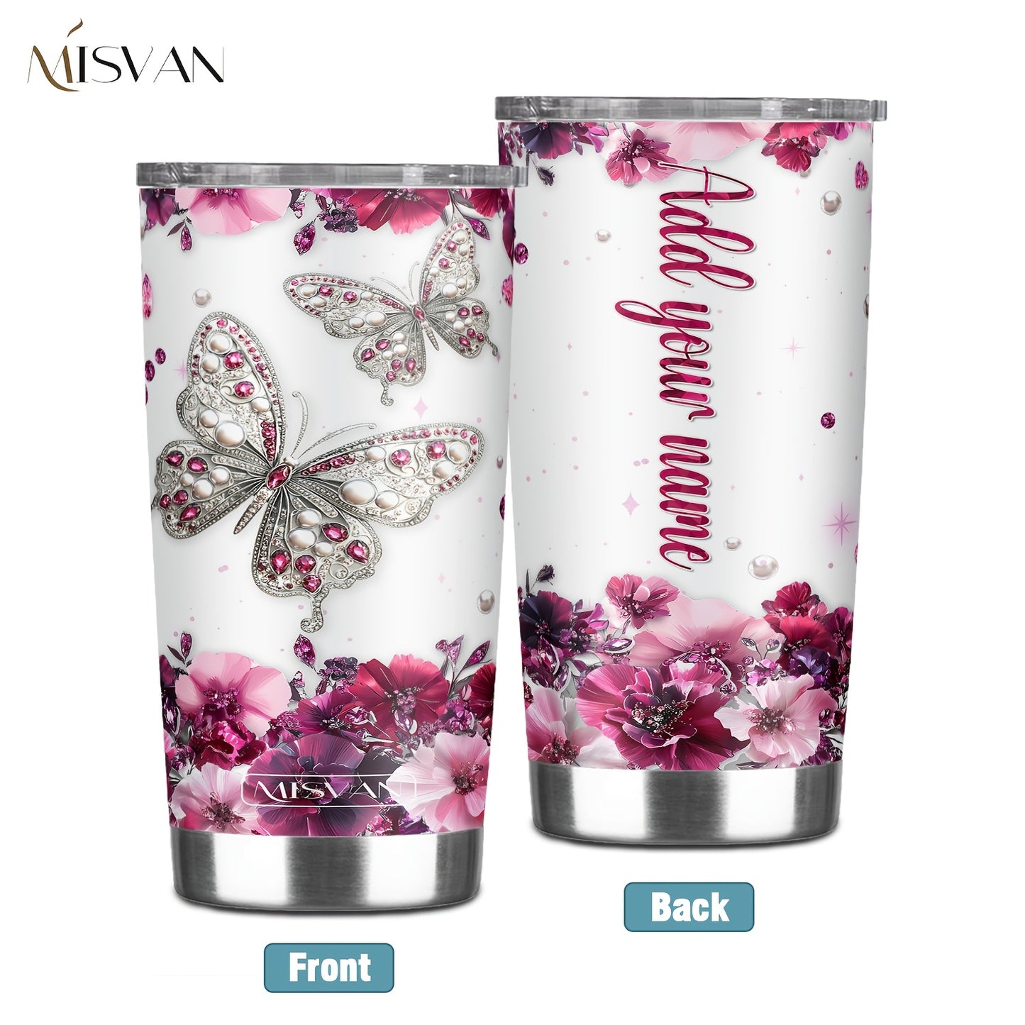 1pc Customized Name Stainless Steel Tumbler | 20oz/22oz/40oz Insulated Water with Lid, Reusable, Round Shape, 304 Stainless Steel, Ideal for Easter, Thanksgiving, Father'S Day, Mother'S Day, Graduation, White Diamond Butterfl