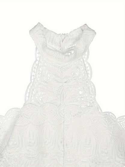 Women Hollow Out Lace Halter Dress, Crochet High Waist Pleated Maxi Dress Wedding Party Dress