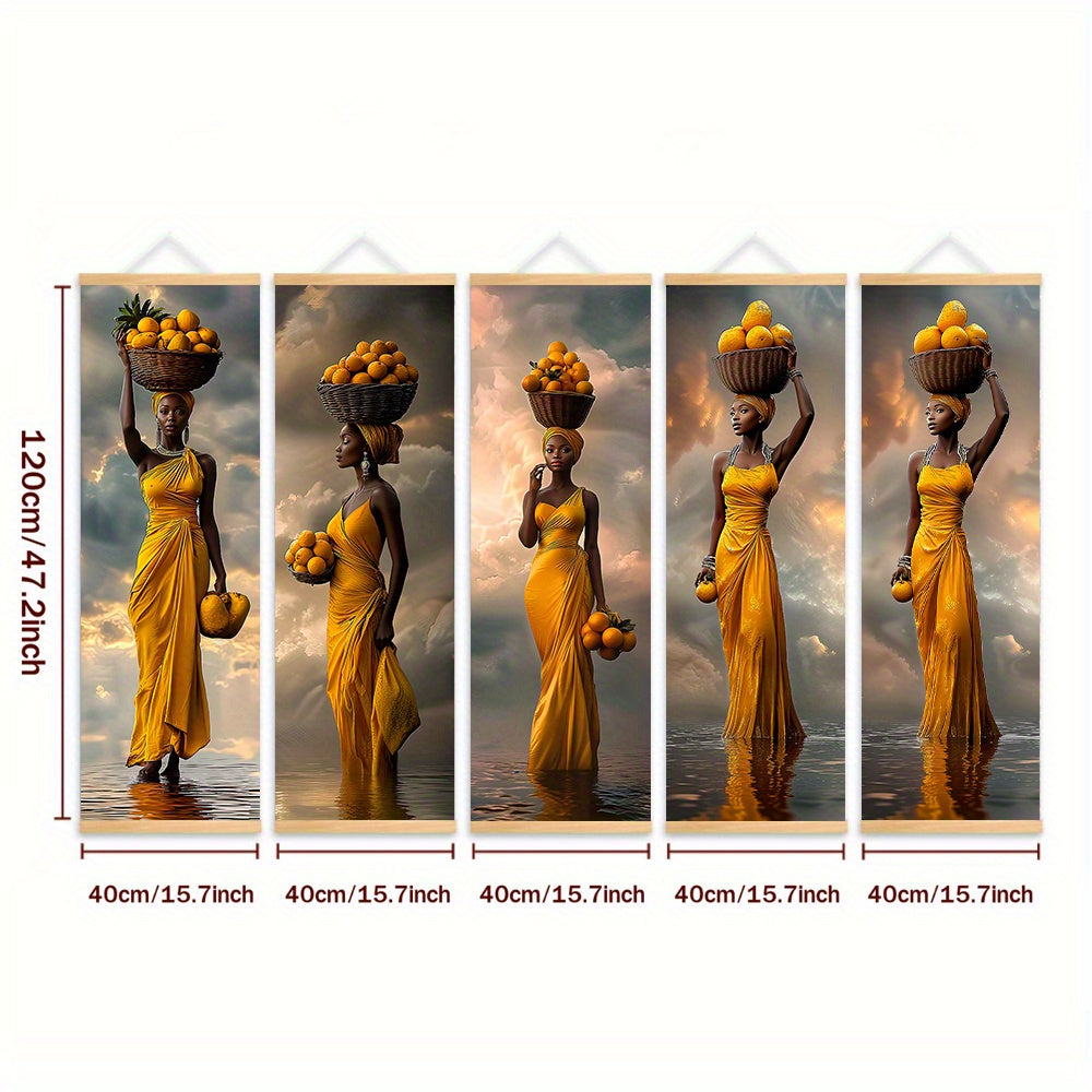 5pcs African Woman Wall Art Set - Bohemian Wood Framed Vertical Panel Paintings with Traditional Dress, Headwrap & Basket - Cultural Canvas Decor for Living Room, Bedroom, Cafe - Hook Installation ( Use)