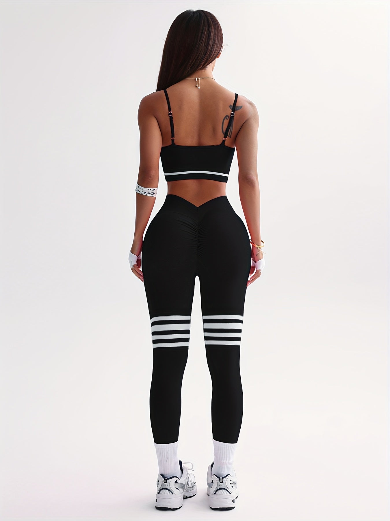 3pcs Women's Full Athletic Set - Seamless Striped Quick-Dry Sports Bra, Tight-Fitting Long Sleeve Gym Pants with Moai Panel Technology | High-Elasticity Moisture-Wicking Fabric for Running, Gymnastics, Training Outfit (All-Se