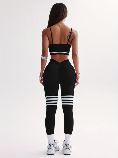 3pcs Women's Full Athletic Set - Seamless Striped Quick-Dry Sports Bra, Tight-Fitting Long Sleeve Gym Pants with Moai Panel Technology | High-Elasticity Moisture-Wicking Fabric for Running, Gymnastics, Training Outfit (All-Se