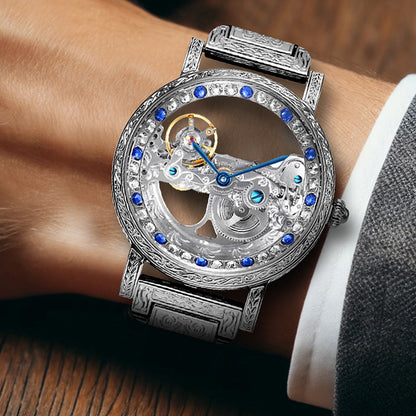 1pc Youth Men's Silvery Steel Strip Gorgeous Style Exquisite Double sided Hollow Perspective Fully Automatic Mechanical Watch