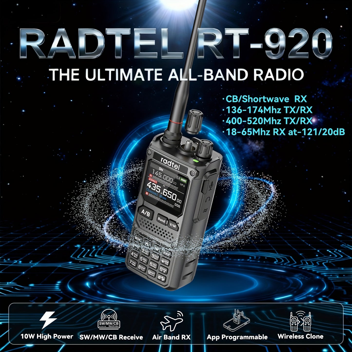 Radtel RT-920 10W Portable Ham Radio Transceiver - Full Band MW/LW/CB/Air/Shortwave Receiver with App Control, NOAA Weather Alerts, Desktop Charger & UHF Tuner - Professional Two-Way Radio for Emergency, Amateur Radio Operato