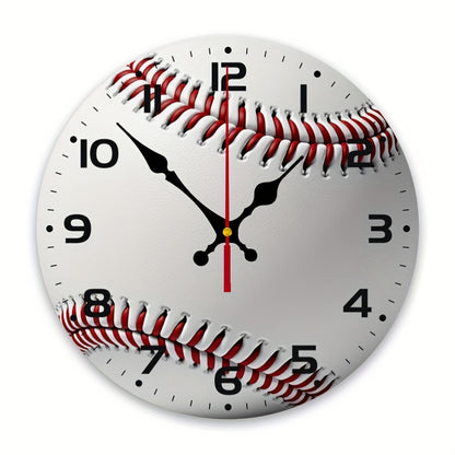 Baseball-Themed Silent Wall Clock with Mechanism - Red Seam Design, White Dial & Black/Red Baseball Texture - Battery- (AA Not Included) Sports Decor for Cave, Room, Game Room - Artificial Wood Panel, Yellow Second