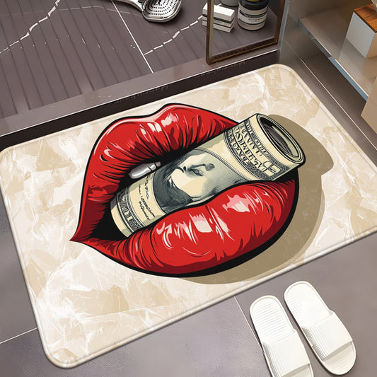 1pc Red Lips with Money Visual Door Mat - Microfiber, Absorbent, Machine Washable Polyester Rug for Bathroom, Bedroom, Living Room Entrance, Bathroom Mat | Artistic Floor Mat | Durable Floor Covering, Bathroom Decor