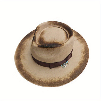 Unisex Vintage Wool Felt Hat with Turquoise-like Feather-Like Ribbon & Feather-Like Pendant - Wide Brim Western /Cowgirl Hat for &, Casual Outdoors, Parties, Daily Wear - Beige/Brown Retro Jazz