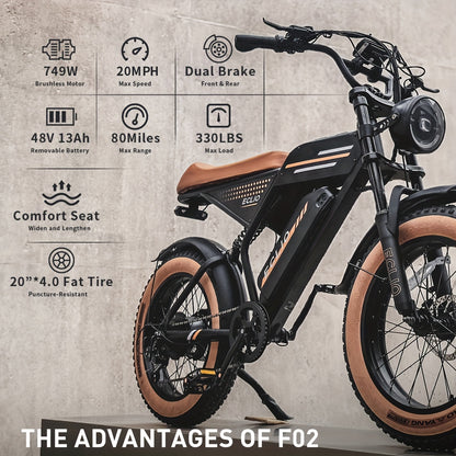 Eclio F02 Electric Bike For Adults, 749W Motor 20mph Ebike With 48V/20Ah Removable Battery, 20"x4" FAT Tires & LCD Display, Supports 330lbs - Ideal For Commuting & Urban Leisure Riding