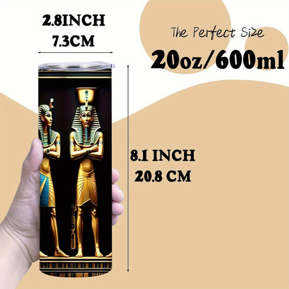 1pc Egyptian Hieroglyphs & Pharaohs Tumbler with Lid & Straw - 12oz/20oz Insulated Travel Mug, Double-Wall Vacuum Cup with Golden & Black Egyptian Design, Tutankhamun & Anubis Pharaohs, Ideal Gift for History Buffs, Christmas