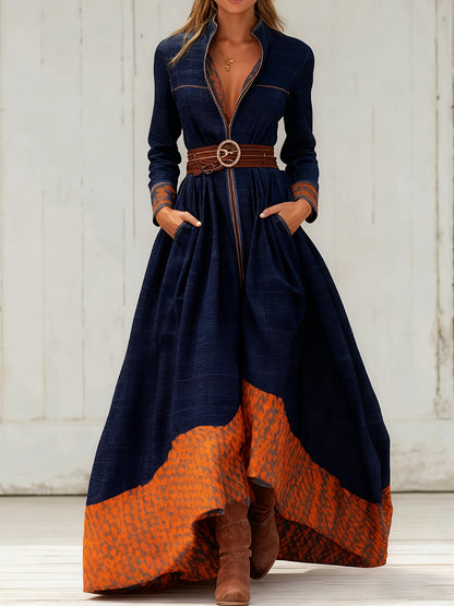 Western Retro Plaid Dress, Stand-up Collar, Zipper, Bohemian Ethnic Print, Fitted Waist, Full Skirt, with Pockets.