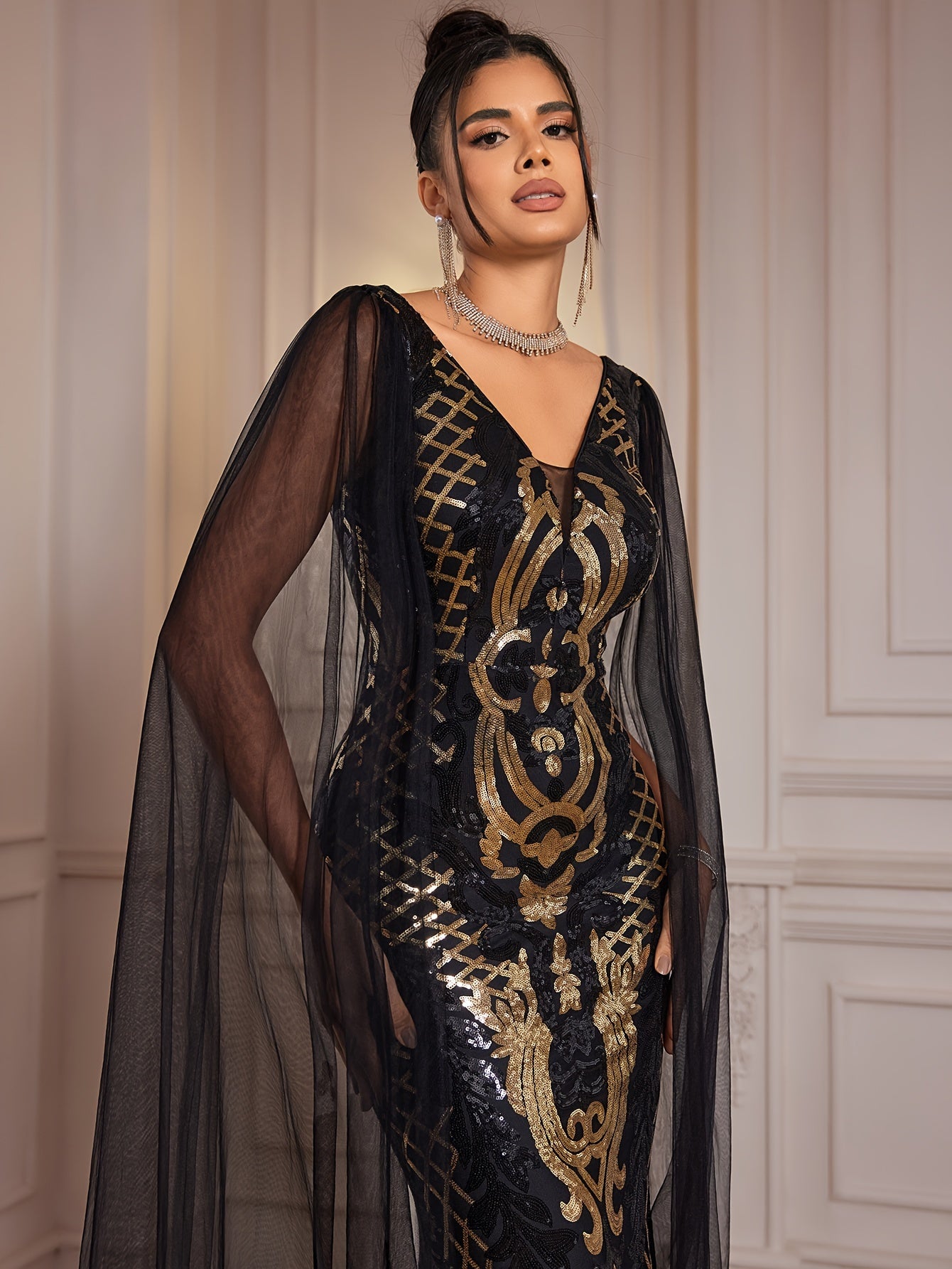 Fitted Dress - Sequin - V-Neck