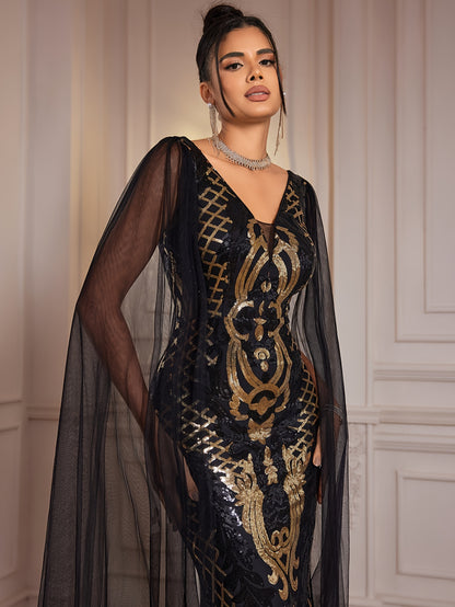 Fitted Dress - Sequin - V-Neck