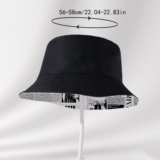 Reversible Newspaper Print Bucket Hat - Funky Polyester Sun Protection Cap for Men and Women, Unique Couples' Design with Vintage Typography, Sun Hat