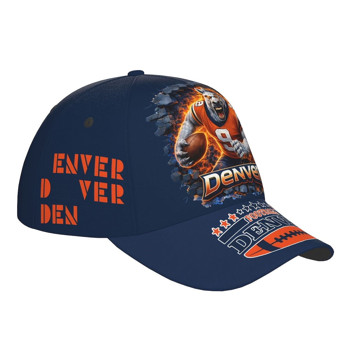 Dark Blue-Orange Football Wolf Player Flame Graphic Fan Baseball Cap - 100% Polyester Breathable Adjustable Comfort Cap