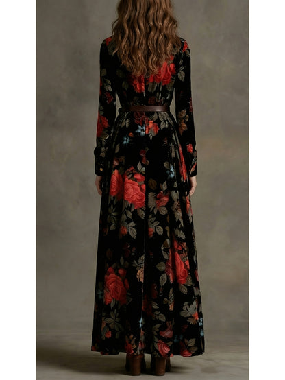 Women'S Black-Based Pink & Brown Rose Print Waist-Cinched Maxi Dress | Retro Elegant Style, Suitable for Luxury Social Events, Formal Occasions, and Daily Streetwear