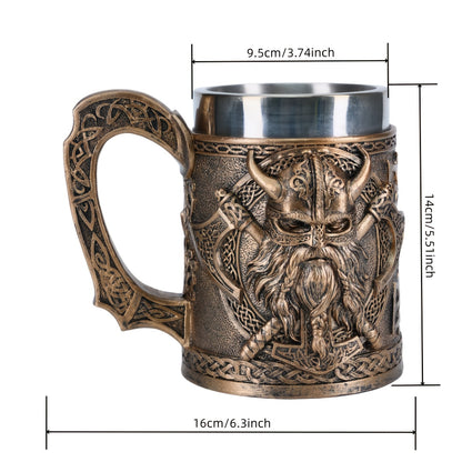A Viking relief mug, a medieval European Viking beer mug made of stainless steel, with a large capacity of 20.3oz, a powerful Viking warrior coffee cup, a bar specialty cup, and a gift giving for daily life