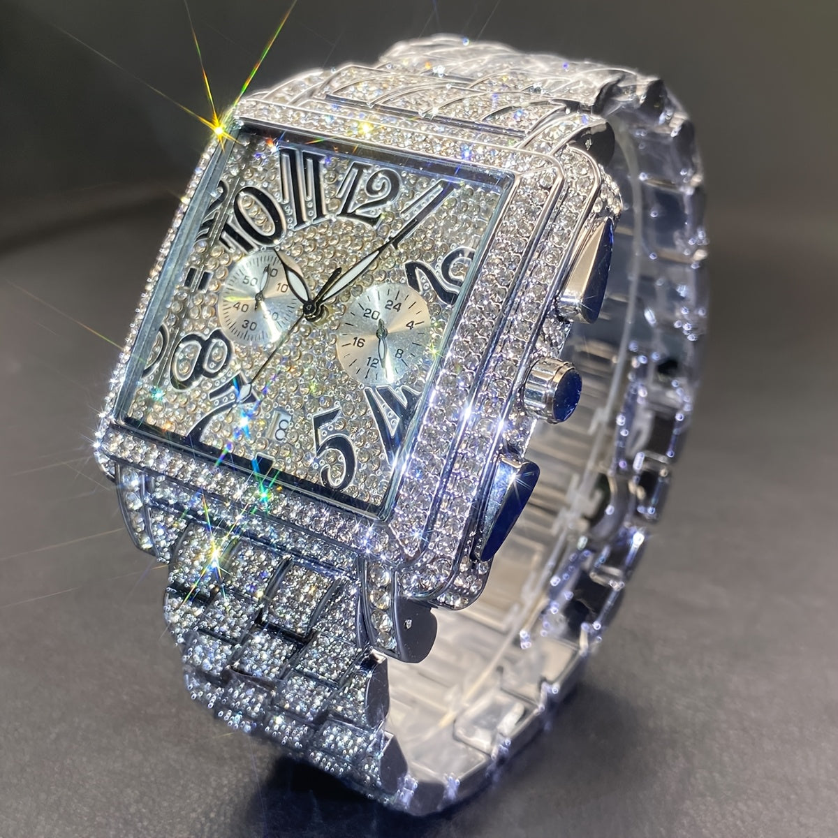MISSFOX Men'S Luxury Hip-Hop Watch - Golden-Tone Quartz Movement with Date/Calendar, Square Dial & Roman Numeral Display, Sparkling Rhinestone Bezel, Battery-powered Formal/casual Wristwatch For Everyday & Special Events - Id