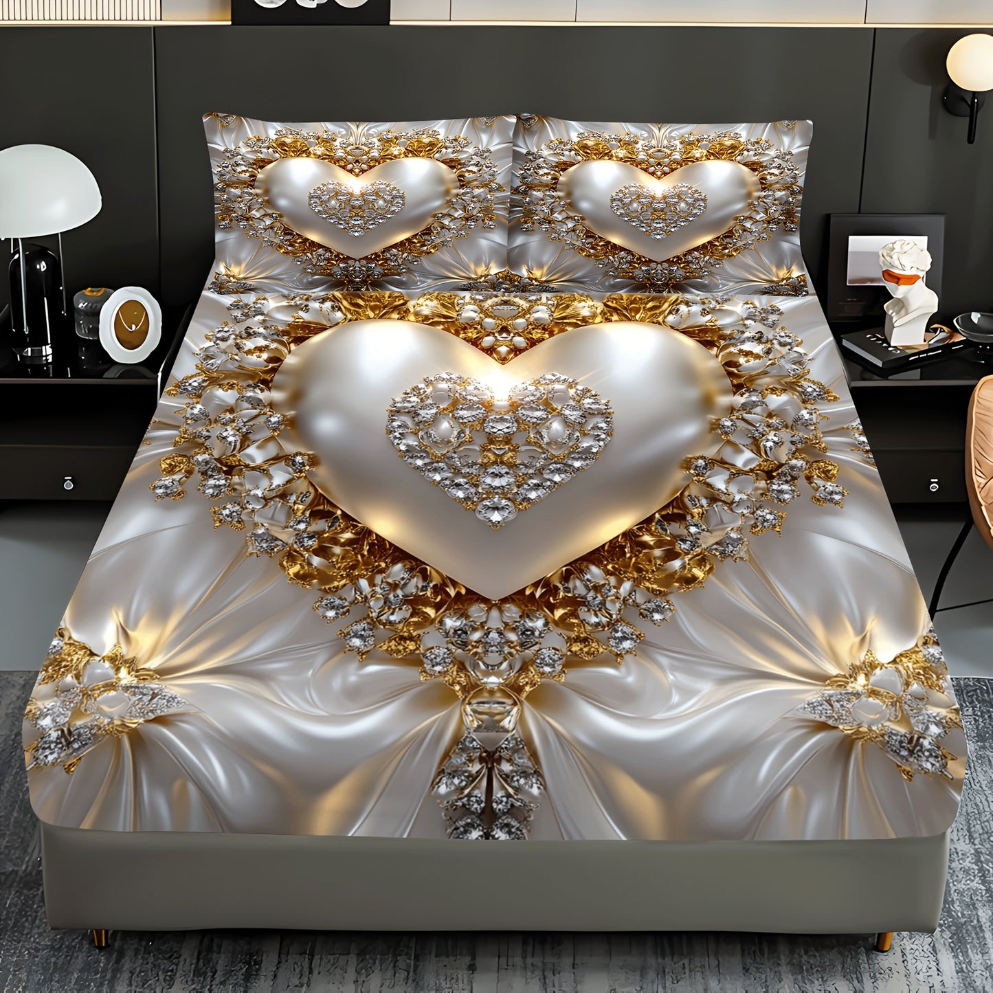 3pcs Heart Jewel Print Fitted Sheet Set, Golden Heart with Gemstones, Breathable Polyester, Machine Washable for All Seasons Ideal for Bedroom Guest Room Master Suite and More Includes 1 Fitted Sheet and 2 Pillowcases No Matt