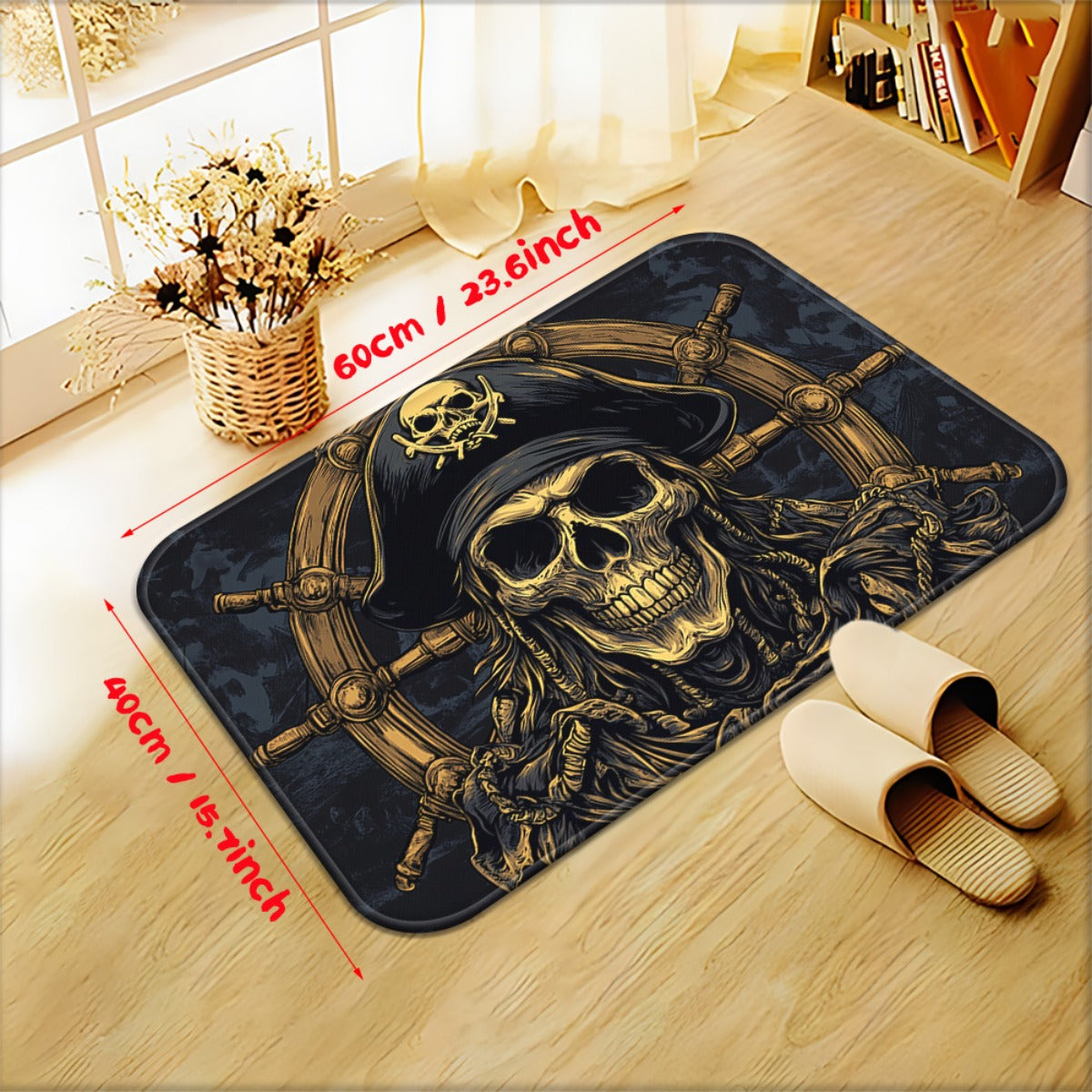 1pc Pirate Skull & Wheel Design Microfiber Absorbent Machine Washable Polyester Rug - Black & Golden Pirate Ship Wheel & Skull Motif, Durable Rectangular Floor Mat for Bathroom, Bedroom, Living Room Entrance, Home Decor, Bath