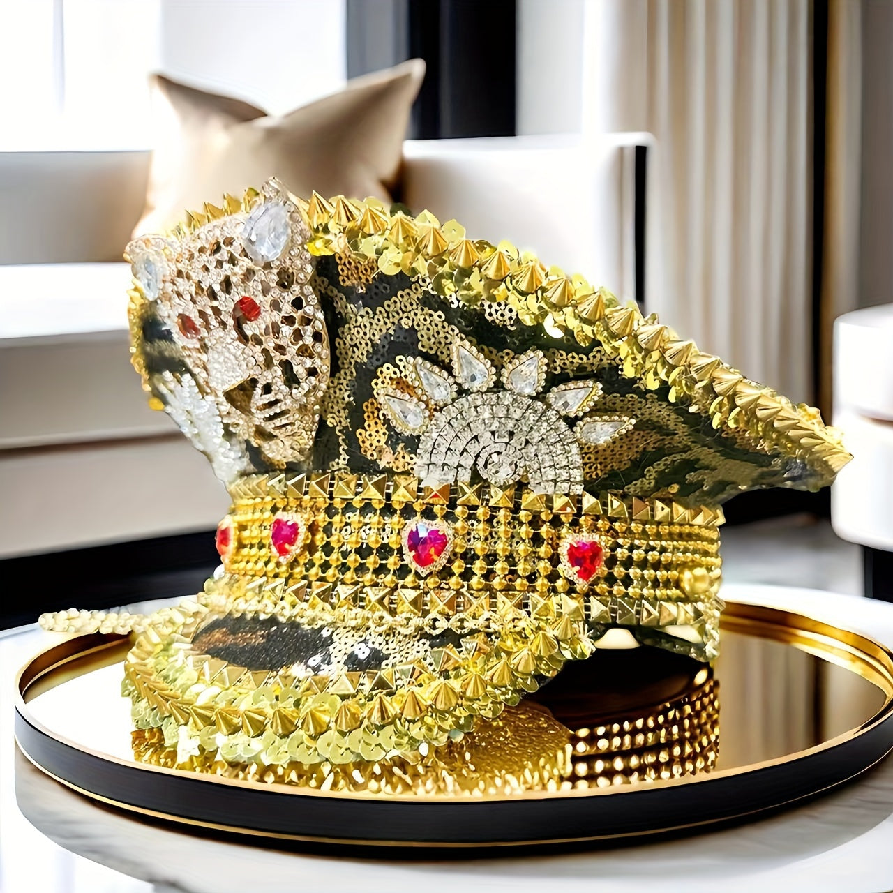 Steampunk Rhinestone Captain Hat for Women | Adjustable Shiny Glam Military Cap with Leopard Print, Perfect for Burning Man, Halloween, Music Festivals, Rave, Cosplay Costume, Carnival, Disco, Bachelorette Party | Sparkling P