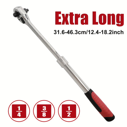 [3-in-1 Ratchet Wrench] PMMJ 3-in-1 Extendable Ratchet Wrench, 72-Tooth, Reversible, Quick Release, Carbon Steel, 1/2" & 3/8" & 1/4" Drive | Extra Long, Maximum 463mm/18.2inch, White Red Black, Interchangeable, for Auto Car M