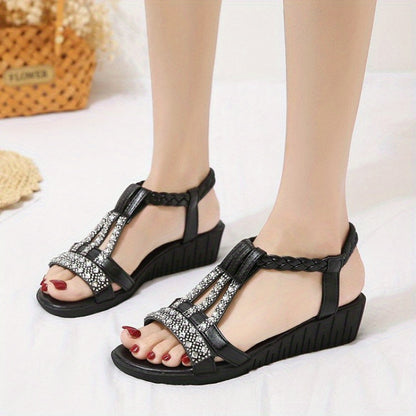Women's Roman Sandals - Slip-On Wedge Heel Shoes with Ankle Strap, Cushioned Insole & Non-Slip Sole - Black Formal/Casual Footwear for Parties, Beach, Everyday - Plus Size Available, Party Wear, Fashionable Design, Comfortabl