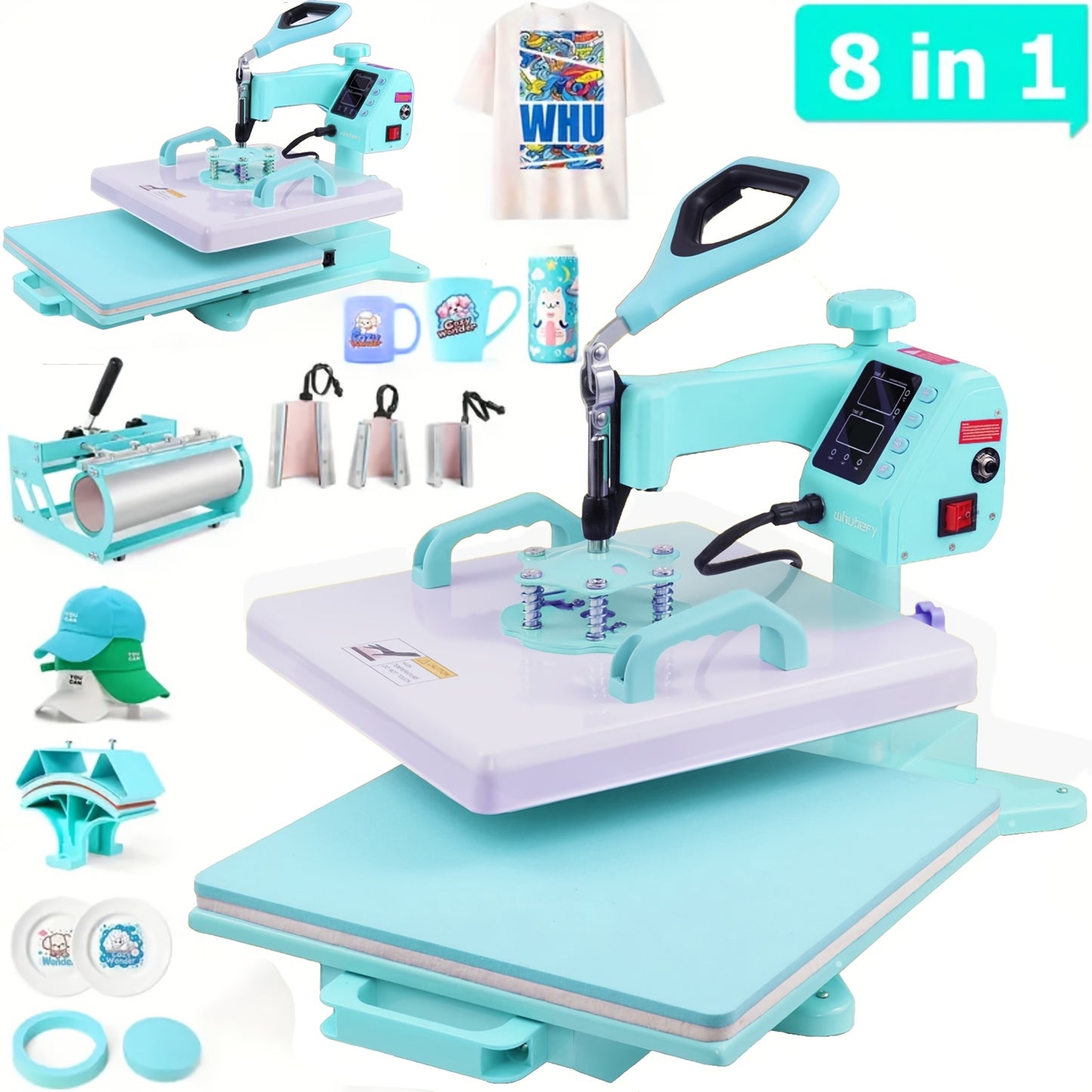 This Is a Versatile Heat Press Machine Combo Featuring an 8 in 1 And 5 in 1 Design, with Dimensions of 15"X15" And 15"X12". It Has a Rotatable Design And Is Suitable for Transferring Images Onto Various Items Such As T-Shirts