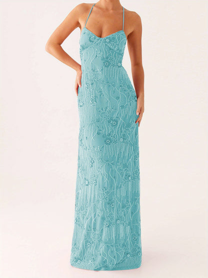 Women'S Elegant Turquoise Sequin & Floral Lace-like Sleeveless Maxi Dress - V-Neck Spaghetti Strap Summer Evening Party Dress, Lightweight Breathable Formal & Semi-Formal Outfit for Beach Events, Prom, Galas - Casual to Forma