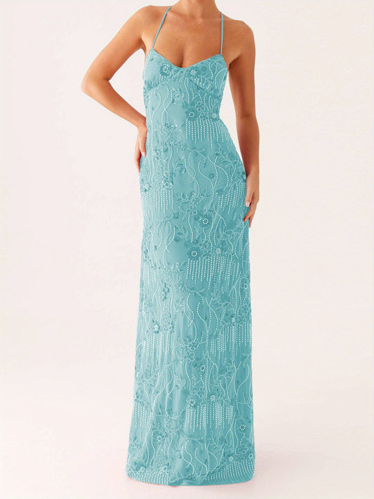 Women'S Elegant Turquoise Sequin & Floral Lace-like Sleeveless Maxi Dress - V-Neck Spaghetti Strap Summer Evening Party Dress, Lightweight Breathable Formal & Semi-Formal Outfit for Beach Events, Prom, Galas - Casual to Forma