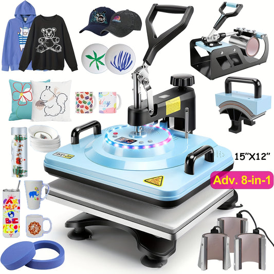 Advanced 8-in-1/ 5-in-1 - 15"x12" Heat Press Machine Set, Multi-Size Transfer Professional Sublimation Combination, With DUAL-TUBE HEATING And LED Lights, Suitable For T-shirts, Bags, Pillows, Hats, Beanies, Roller - Rotatabl