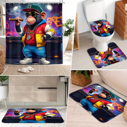 4pcs Cute Monkey Shower Curtain Sets, Modern Animal Pattern Bathroom Curtain Set with 12 Hooks Include Non-Slip Bathroom Rug, Toilet U-Shape Mat, Toilet Lid Cover, Fashion Bathroom Accessories Ideal for Bathroom & Home Decor,