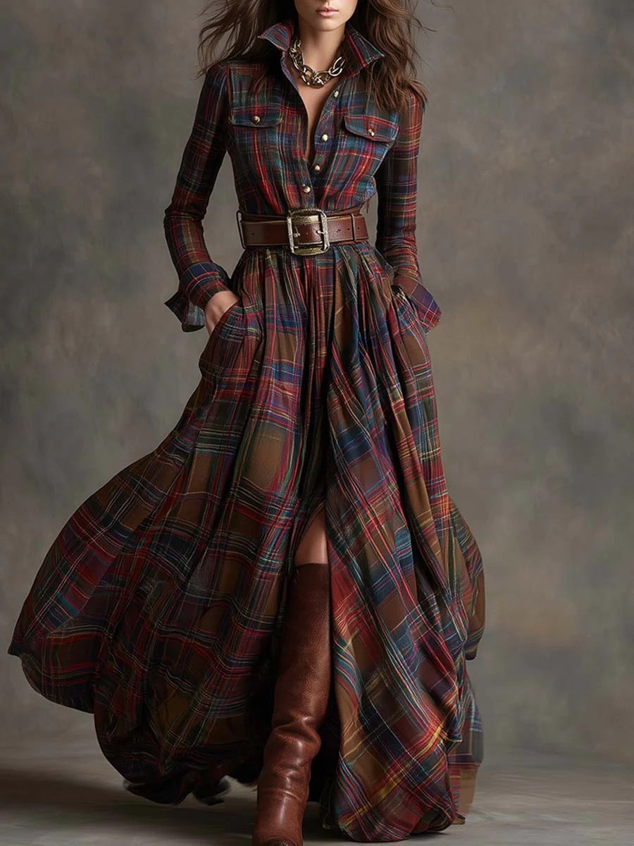 Women'S Autumn-Winter French Retro Elegant Literary Plaid Lapel Maxi Dress | Long Sleeve, Button Details, Vintage Style