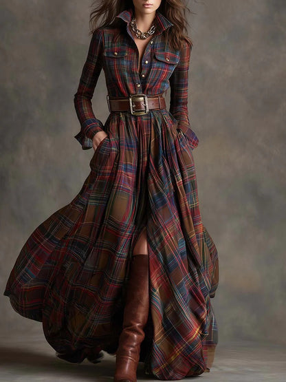 Women'S Autumn-Winter French Retro Elegant Literary Plaid Lapel Maxi Dress | Long Sleeve, Button Details, Vintage Style