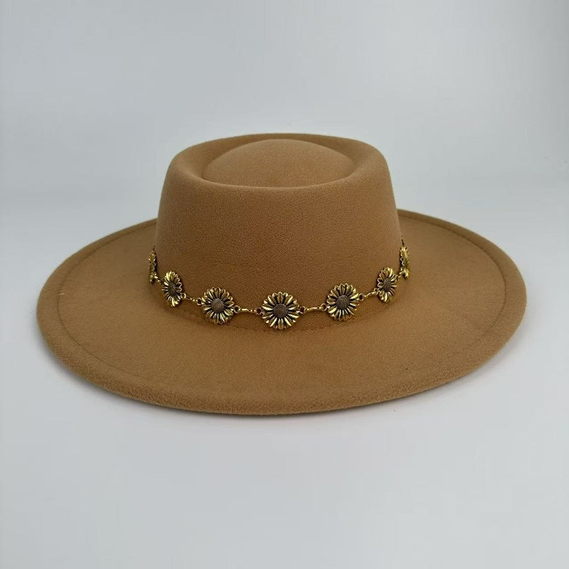 1pc Bohemian-style Unique and Fashionable Felt Hat - Decorated with Exquisite Golden Flower Chain Fedora Hat - Suitable for Daily Street Style, Music Festival Outfits, Bohemian-inspired Looks, Casual Outings and Trendy Season