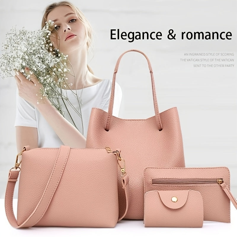 New 4pc Large Capacity Leather Handbag Solid Color Lychee Texture Shoulder Bag Bucket Bag Purse