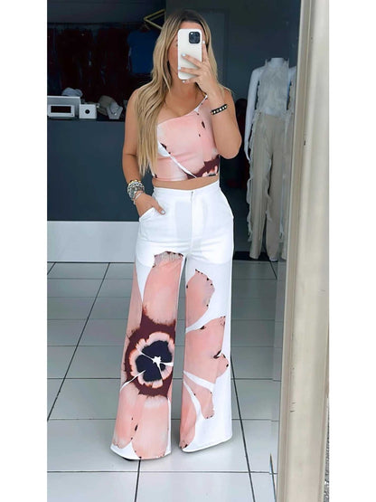 D9738 Women'S Y2K Fashion Floral Print One-Shoulder Slim Fit Wide-Leg Pants Two-Piece Set - Sexy Spring/Fall Outfit, Spring Fashion|Sleek Shoulder Design|Polyester Fabric