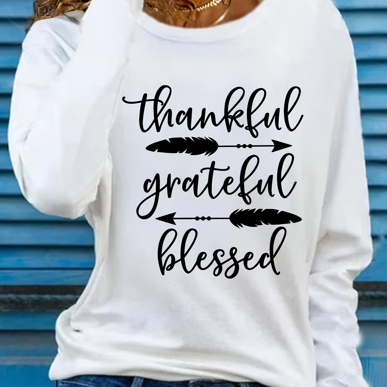 Women's Beige Thankful Grateful Blessed Print Long Sleeve T-Shirt - Loose Fit Round Neck Casual Top with Cursive Lettering & Accent, Soft Comfortable Fabric for Fall Winter Casual Attire, Thanksgiving Christian Apparel, Sprin