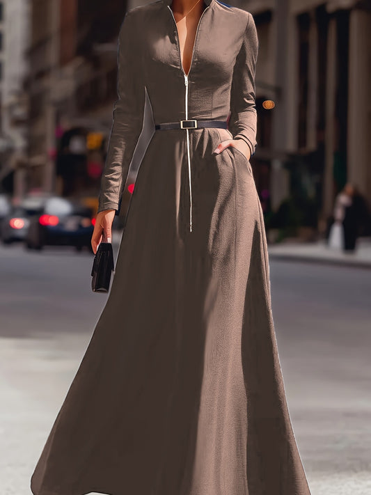 Elegant Women's Dress with a Lapel, Long Skirt, Long Sleeves, Zipper Details, Advanced Tailoring, Waist Cinching,, Flared Design, Fashionable, Elegant, Full of Aura, Queen-like Style, Suitable for Autumn Dates, Parties, Dinne