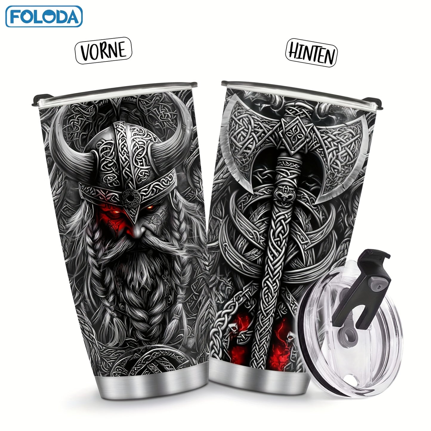 Foloda 20oz Viking Stainless Steel Tumbler with Leak-Proof Lid & Straw, BPA-Free Insulated Travel Mug, Oval Ergonomic Grip, Norse Warrior Design for Hot/Cold Drinks - Durable Outdoor Drinkware, Bpafree Material