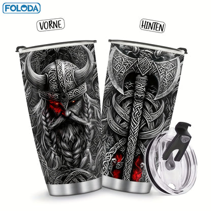 Foloda 20oz Viking Stainless Steel Tumbler with Leak-Proof Lid & Straw, BPA-Free Insulated Travel Mug, Oval Ergonomic Grip, Norse Warrior Design for Hot/Cold Drinks - Durable Outdoor Drinkware, Bpafree Material
