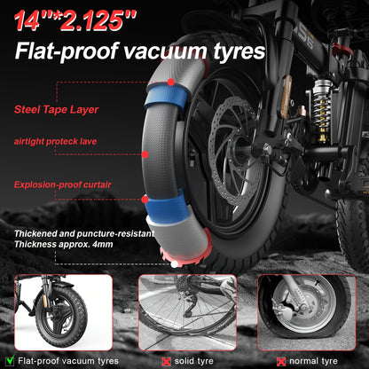 UPlee Peak Power 740W Electric Bike For Adults, 20MPH Full Shock Absorption Comfortable Riding, 48V6/8/10/15/17.5Ah, Max 32Miles Folding Ebike, 14'' Tubeless Off-road Tire, City Commuter