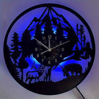 LED Lighted Forest Night Glow Wall Clock with Bear & Moose Silhouette - Modern Cabin Decor, Large Easy-Read Black Hands, Durable Vinyl Round Clock for Living Room, Bedroom, Office - Ideal Gift for Christmas, Birthday, Mother'
