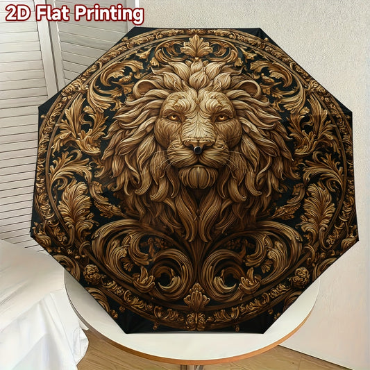 Automatic Open/Close Umbrella with Golden Lion Head Design - Elegant Black & Golden Accent Folding Umbrella, Heavy-Duty Iron Frame & 8-Rib Structure, Auto Open Close Button, Compact Travel Umbrella for Women/Men, Ideal Gift f