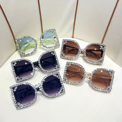 Oversized Square Luxury Rhinestone Fashion Party Photo Glasses for Women - Sparkling Light Blocking & -Eye Strain, Wide Frame Statement Glasses for Night, Prom, New Year'S Eve, Photo Shoots - Stylish Party