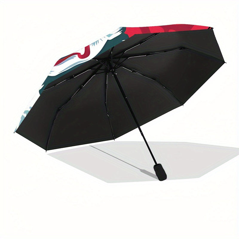 Pennywise Inspired Automatic Folding Umbrella - Durable 8-Rib Design, Portable Travel Umbrella with Vibrant Pennywise Face Artwork, Black with Red & White Stripes, Perfect Holiday Gift for Fans, Stylish & Functional Accessory